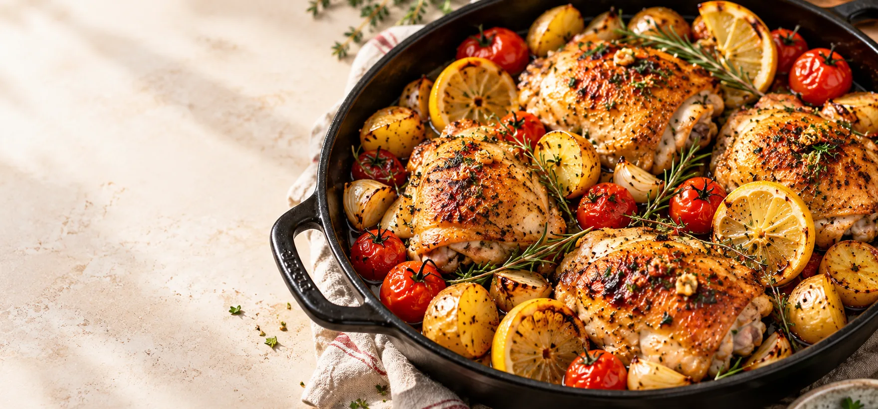 Lemon and garlic roast chicken with vegetables in a cast-iron skillet