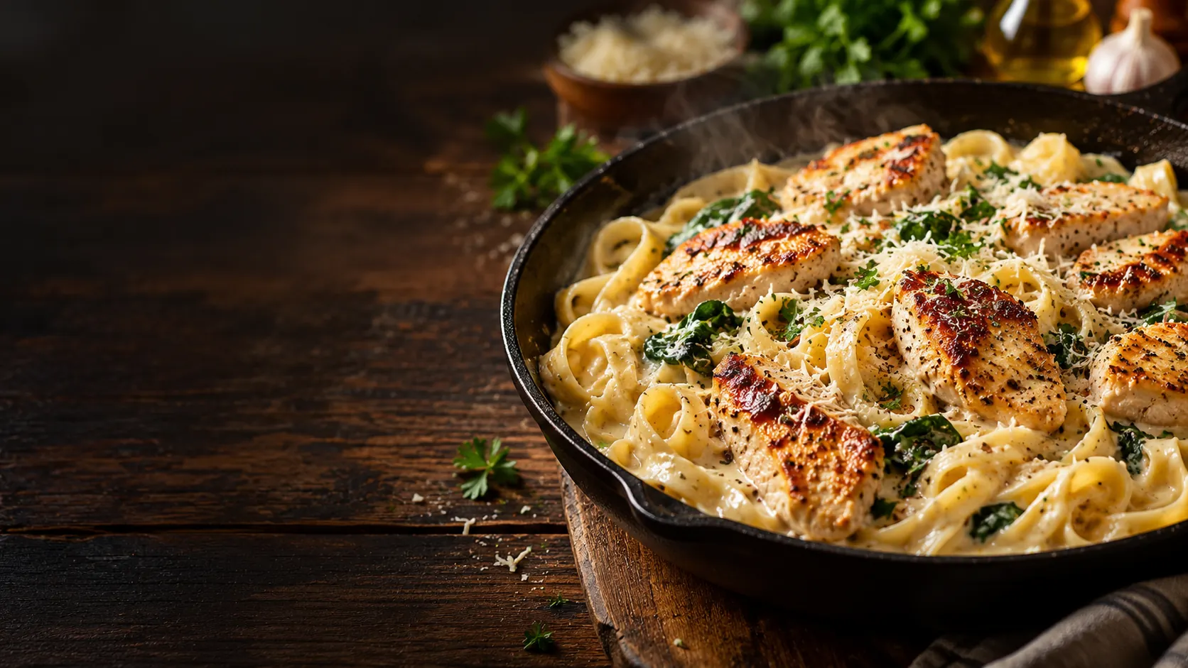 Creamy chicken pasta served in a cast iron skillet