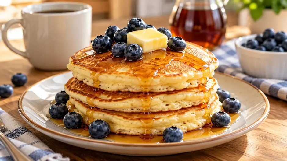 Pancakes with berries and maple syrup