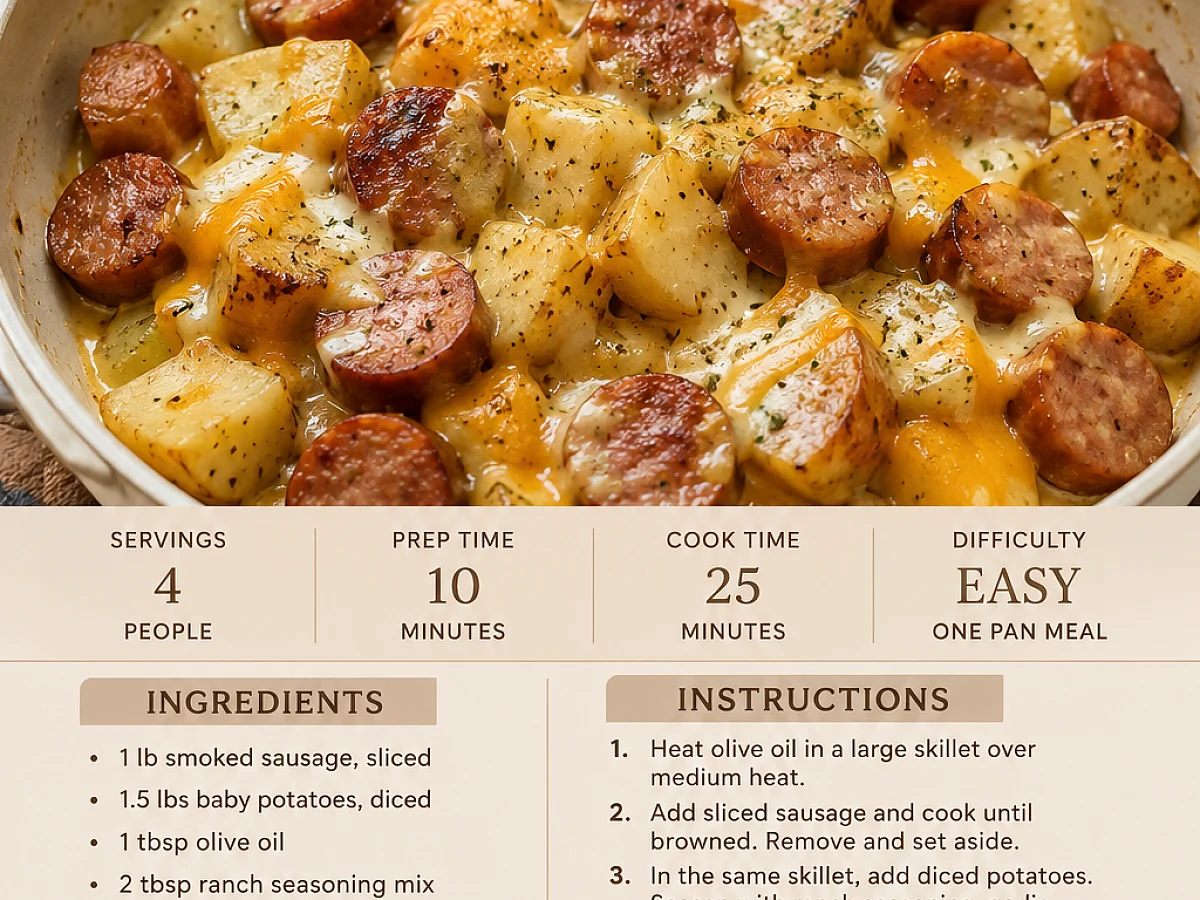 Cheesy Ranch Potato & Smoked Sausage Skillet, freshly made and ready to serve