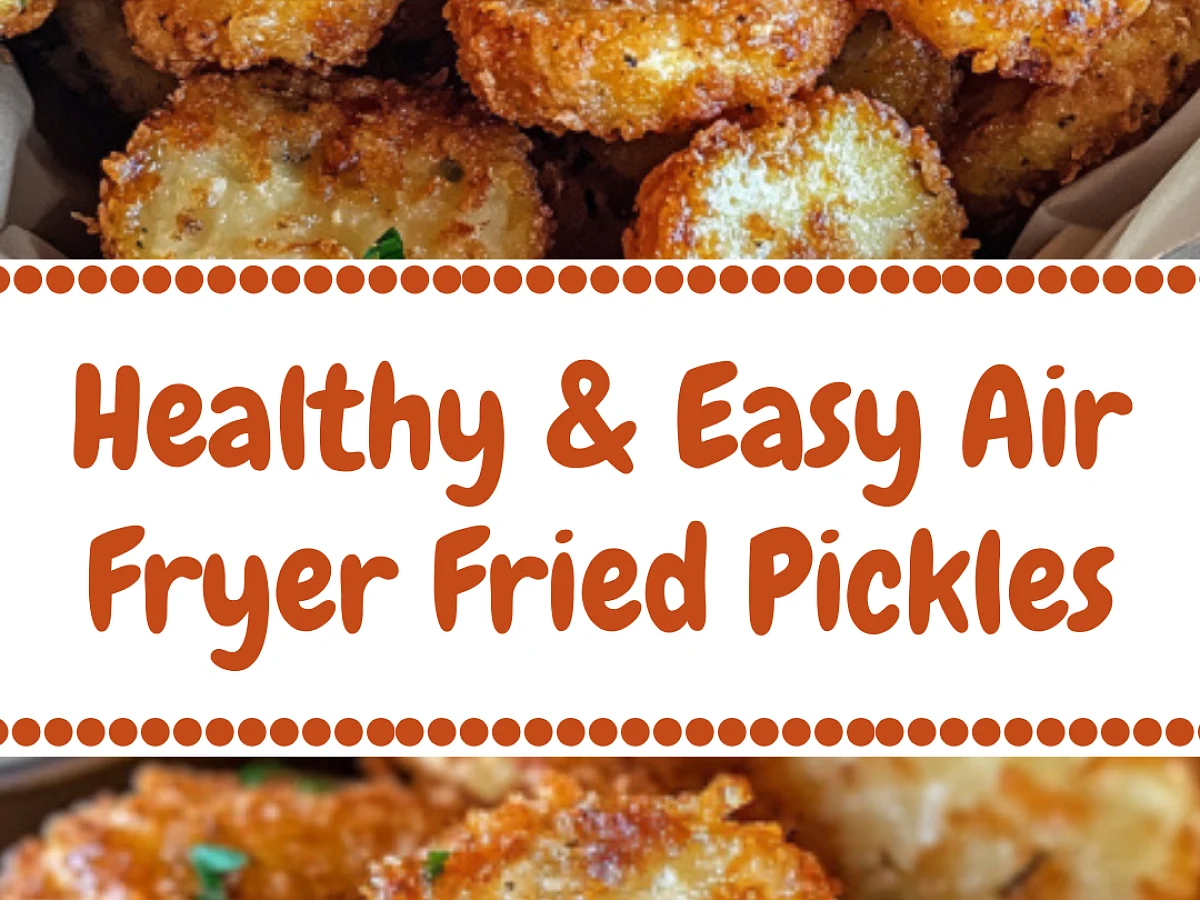 close-up image of golden brown fried pickles with a small bowl of dipping sauce in the background, with a title 'Healthy &