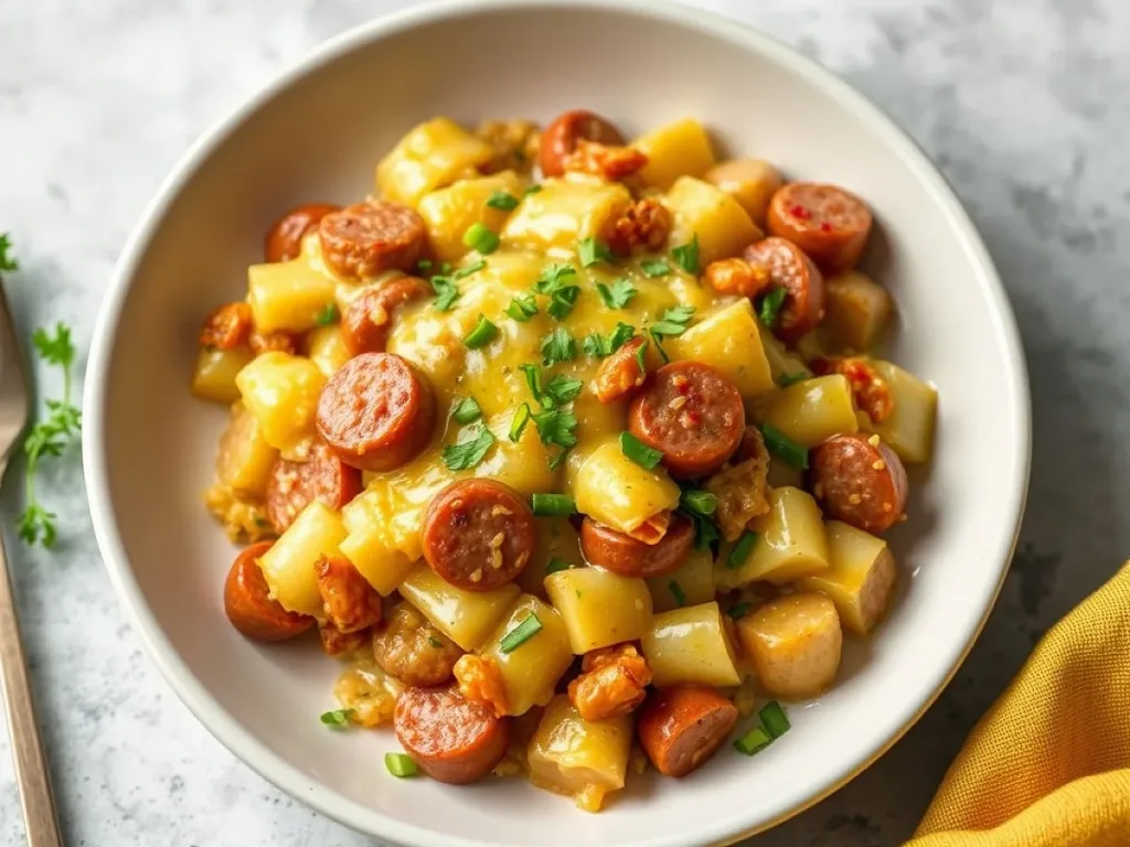 Kielbasa Sausage Cheesy Potato Casserole, freshly made and ready to serve