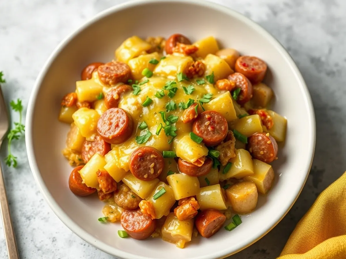 Kielbasa Sausage Cheesy Potato Casserole, freshly made and ready to serve