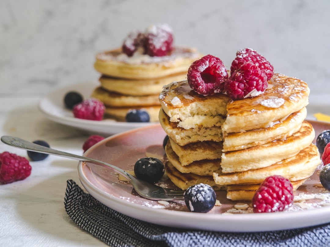 Pancakes with berries served for breakfast