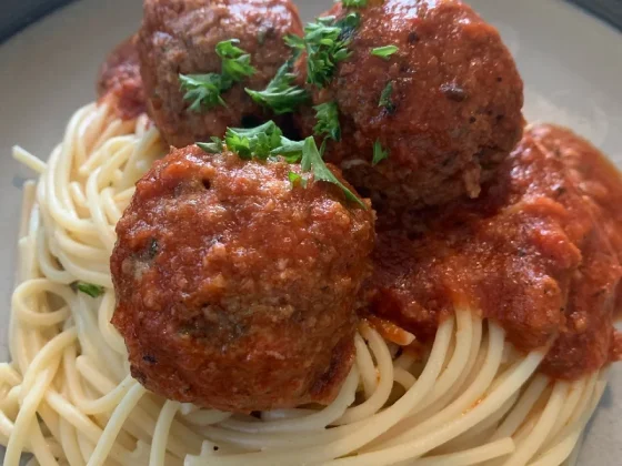 Easy Slow Cooker Mozzarella-Stuffed Meatballs And Sauce, freshly made and ready to serve