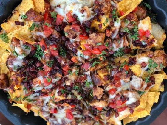 Loaded BBQ Chicken Nachos, freshly made and ready to serve